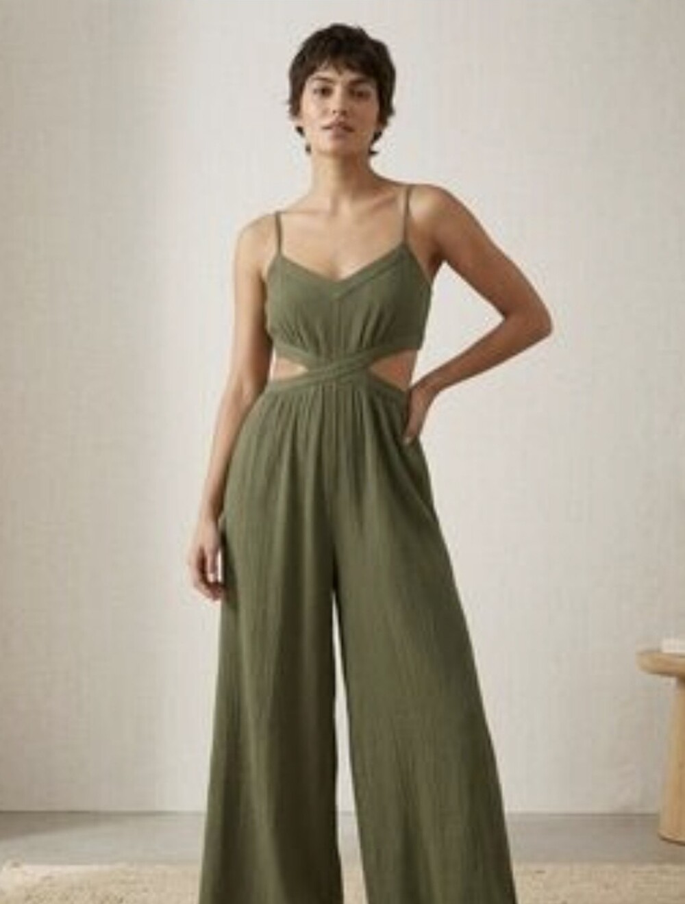 Aerie Boho Olive Green Cut Out Wide Leg Jumpsuit Smocked XS - Picture 1 of 6